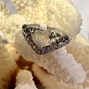 Elegant Silver Heart Opal Ring